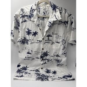 Mens Hawaiian Shirt XL White Navy Palm Tree Beach Button Up Aloha